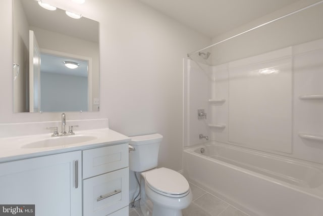 full bathroom with shower / bathing tub combination, vanity, tile patterned floors, and toilet