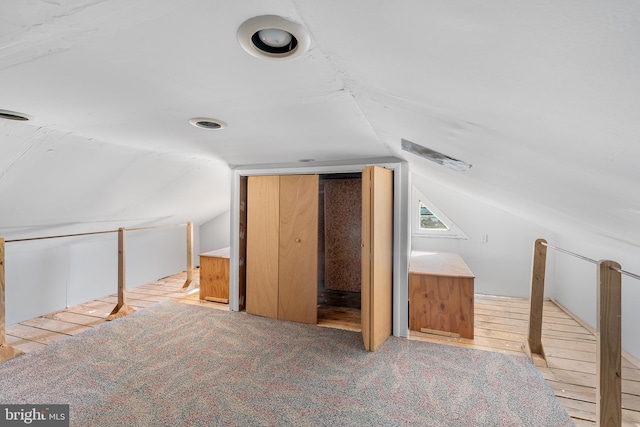 additional living space featuring light colored carpet and vaulted ceiling