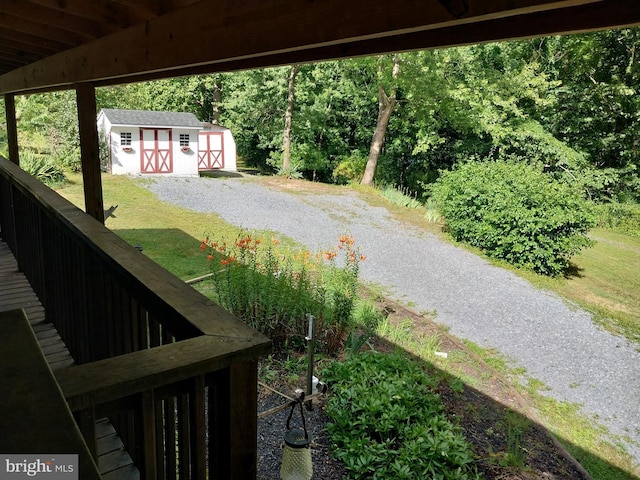 view of yard featuring a storage shed