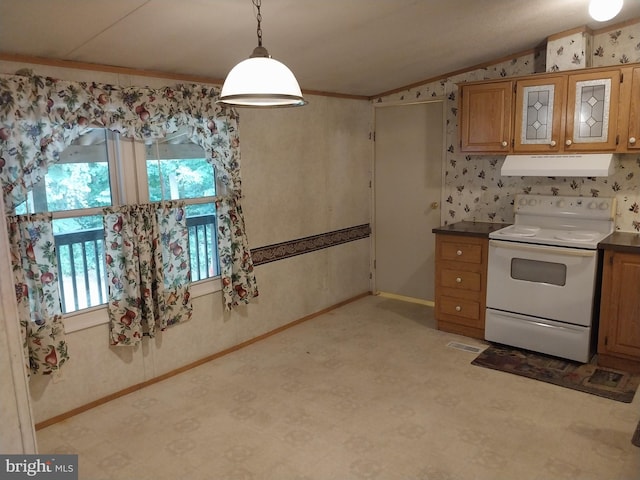 kitchen with ornamental molding, pendant lighting, and white range with electric stovetop