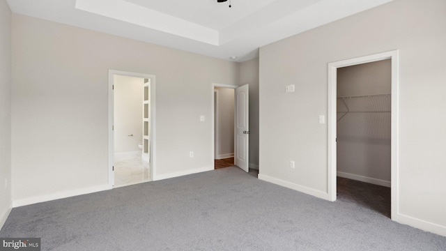 unfurnished bedroom with connected bathroom, a spacious closet, light carpet, a tray ceiling, and a closet