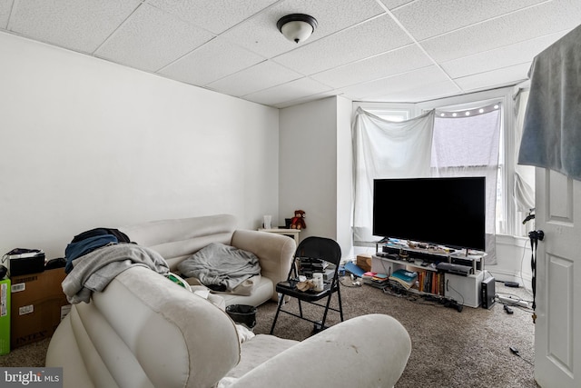 living area featuring a drop ceiling and carpet flooring