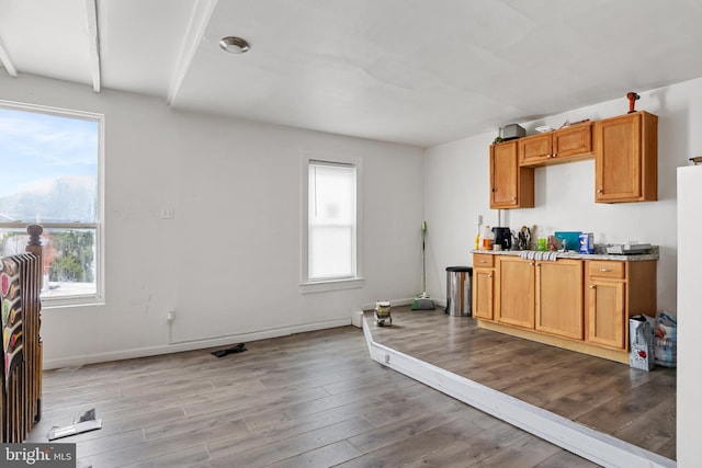 kitchen with light countertops, light wood finished floors, brown cabinets, and baseboards