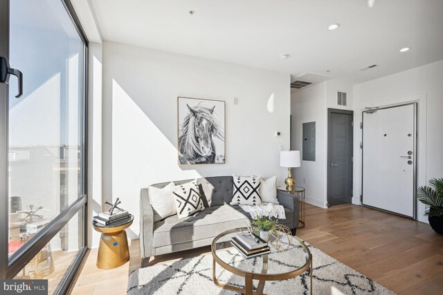 living room with light wood-type flooring, a healthy amount of sunlight, and electric panel