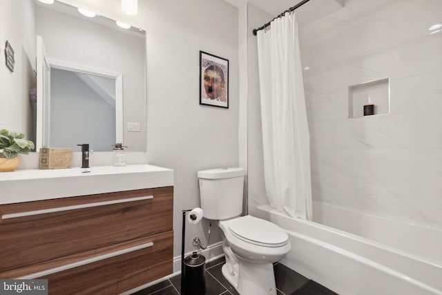 full bathroom with toilet, shower / bath combination with curtain, tile patterned floors, and vanity