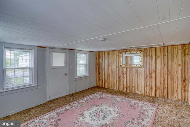 interior space with wood ceiling and wooden walls