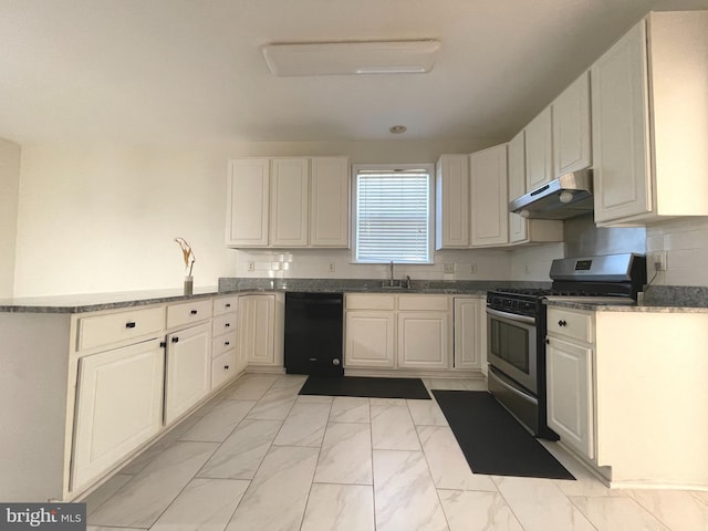 kitchen featuring black dishwasher, stainless steel range with gas cooktop, light tile patterned floors, and kitchen peninsula