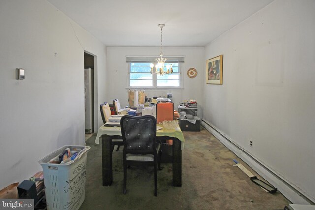 dining space featuring a notable chandelier, carpet, and a baseboard radiator