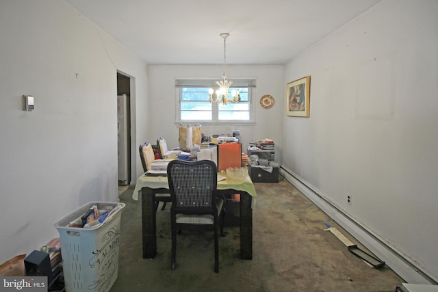 carpeted dining space with baseboard heating and a chandelier