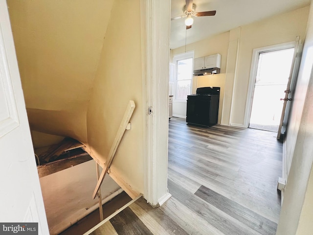 stairway with ceiling fan and wood-type flooring