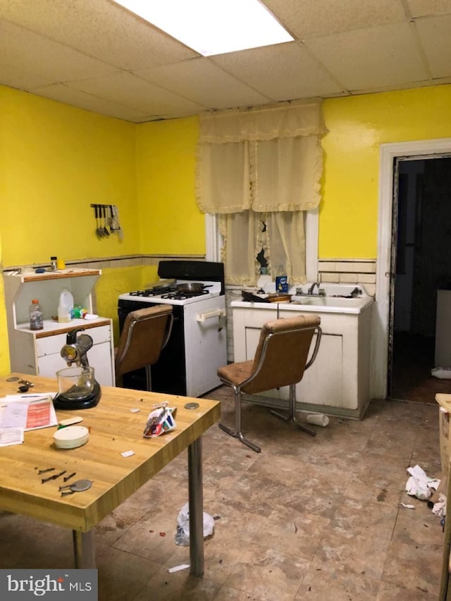 kitchen with sink, white gas stove, and a paneled ceiling