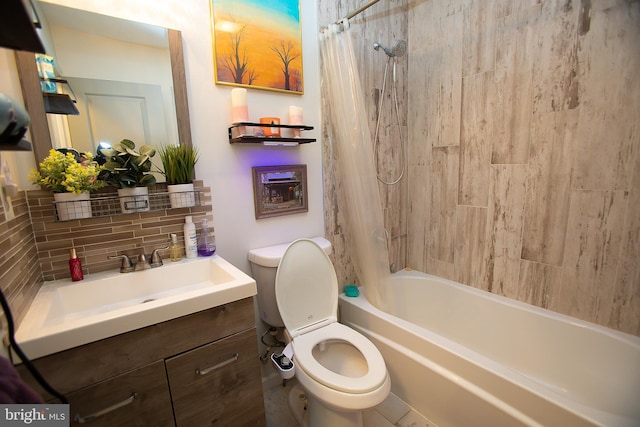 full bathroom featuring vanity, toilet, shower / bath combo, and backsplash