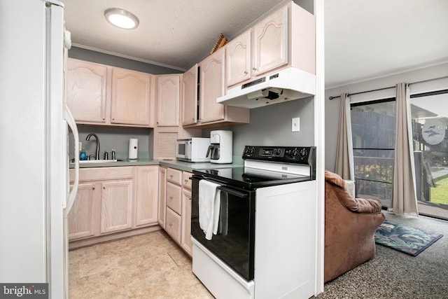 kitchen featuring light brown cabinets, under cabinet range hood, white appliances, a sink, and dark countertops