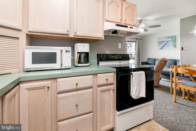 kitchen with light countertops, black range with electric stovetop, under cabinet range hood, and white microwave