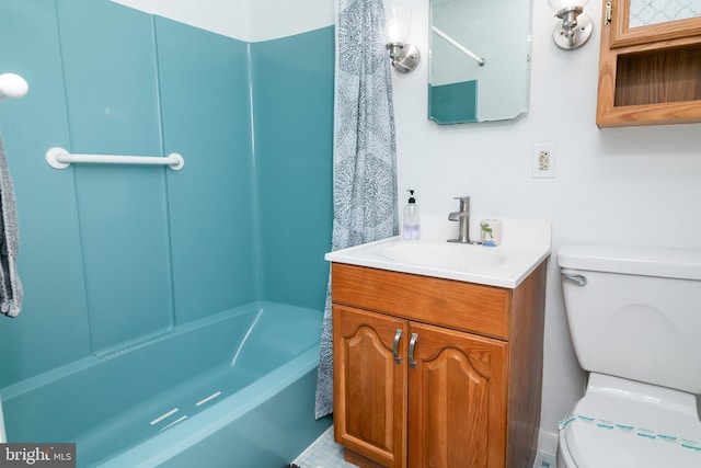 full bath with shower / bathing tub combination, vanity, and toilet