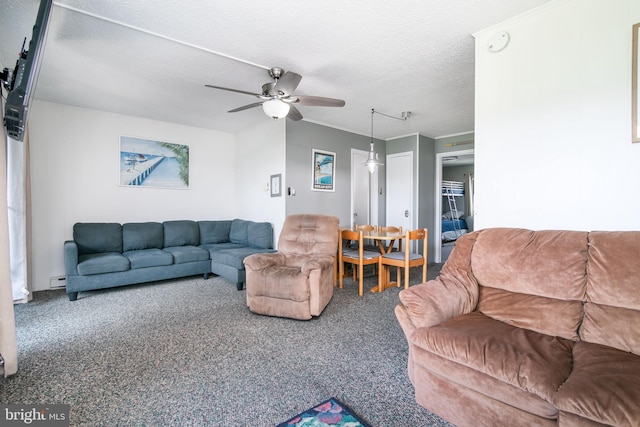 carpeted living room with ceiling fan, a baseboard radiator, and a textured ceiling