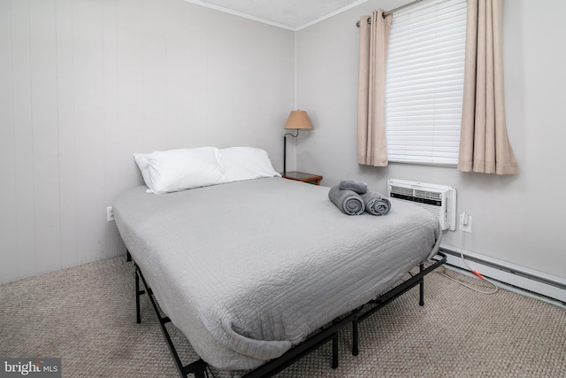 carpeted bedroom with a wall unit AC, a baseboard radiator, and ornamental molding