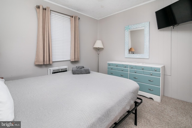 bedroom featuring a wall mounted air conditioner, crown molding, light carpet, and a textured ceiling