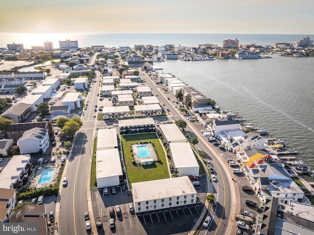 aerial view with a water view and a city view