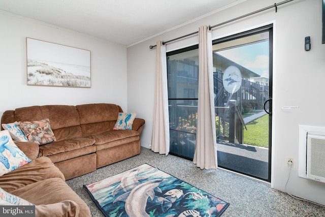 carpeted living room featuring ornamental molding and plenty of natural light