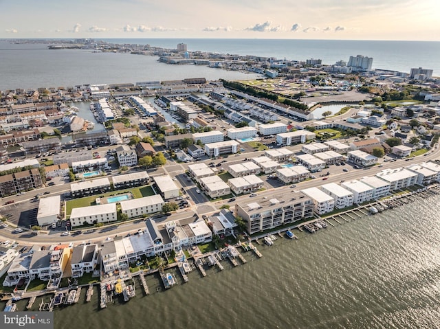 bird's eye view with a water view and a view of city