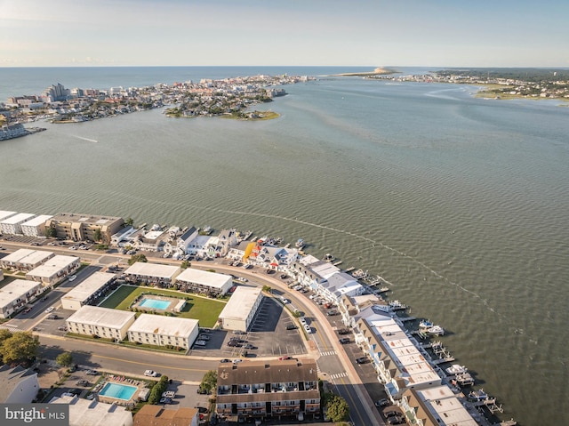 drone / aerial view featuring a water view