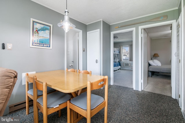 carpeted dining area with a baseboard heating unit, ornamental molding, and a textured ceiling