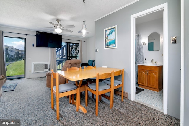 carpeted dining room with plenty of natural light, a ceiling fan, a textured ceiling, a sink, and a wall mounted AC