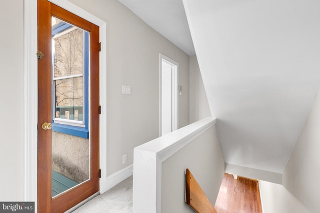 interior space with carpet and lofted ceiling