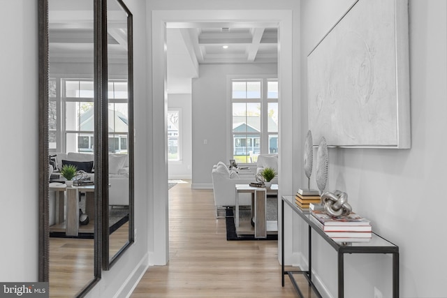 hall with beam ceiling, light hardwood / wood-style floors, and coffered ceiling