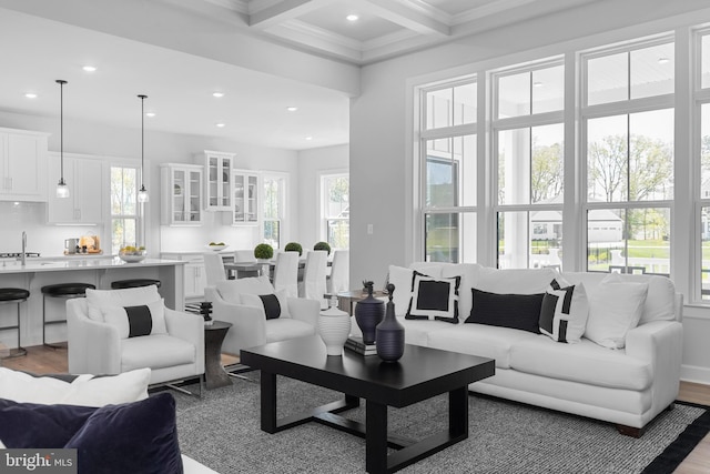 living room featuring beamed ceiling, sink, coffered ceiling, hardwood / wood-style floors, and crown molding