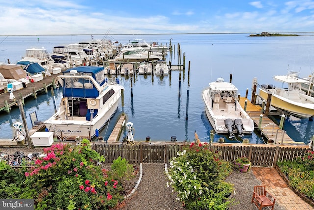 dock area featuring a water view