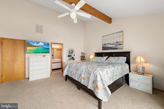 carpeted bedroom with beam ceiling, high vaulted ceiling, and ceiling fan