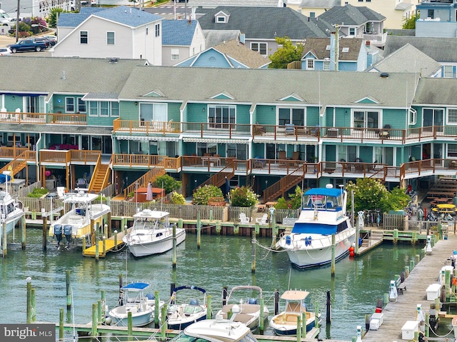 view of water feature with a dock