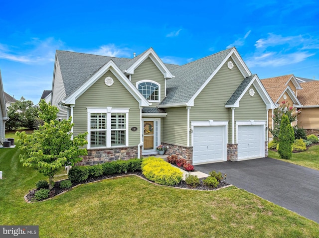 view of front of home with a garage and a front lawn