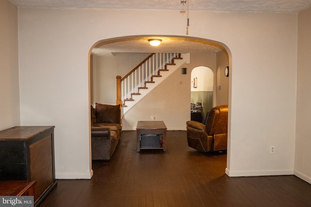 living room with dark hardwood / wood-style flooring