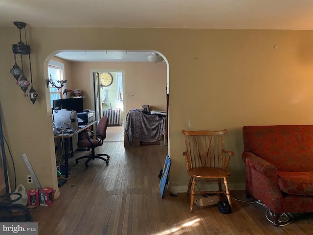 office area with hardwood / wood-style flooring and radiator