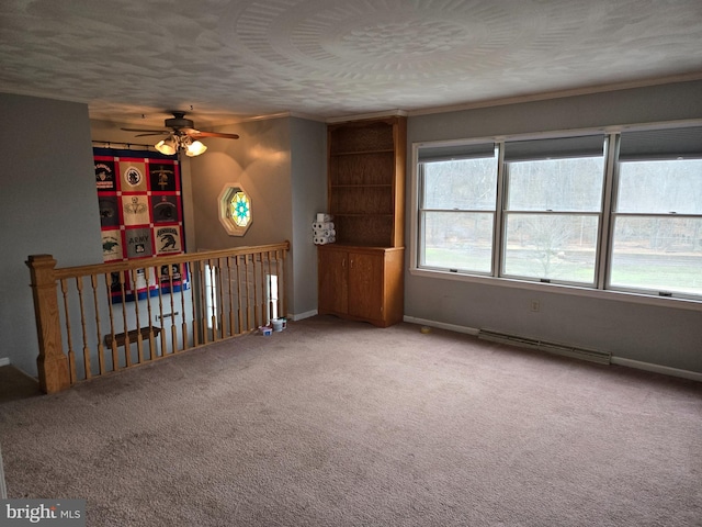 unfurnished living room featuring a textured ceiling, ceiling fan, and carpet