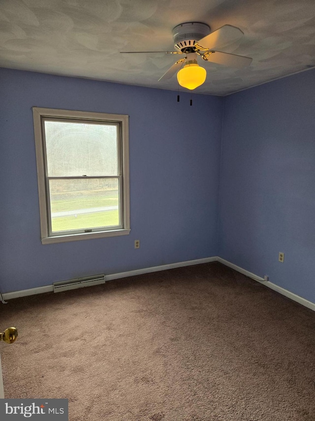 empty room featuring ceiling fan and carpet