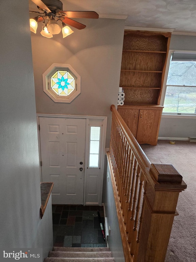 entryway featuring ceiling fan and dark colored carpet