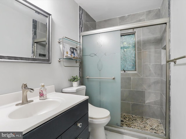 bathroom featuring vanity, toilet, and a shower with shower door