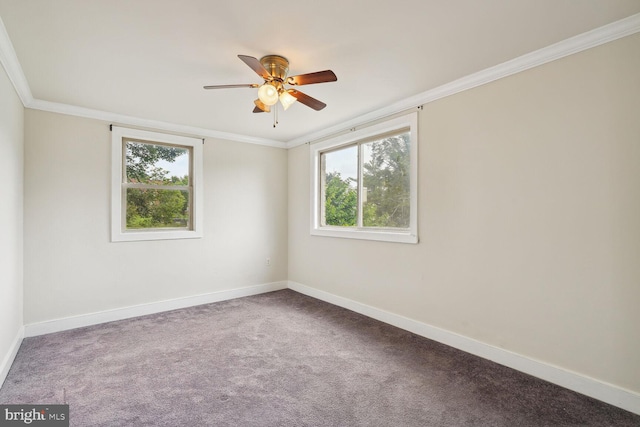 carpeted empty room featuring crown molding and ceiling fan