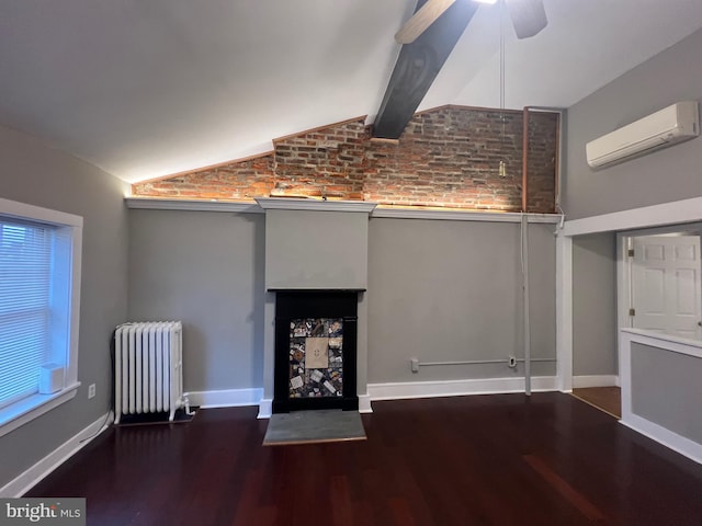 unfurnished living room featuring ceiling fan, dark hardwood / wood-style floors, a wall mounted air conditioner, vaulted ceiling with beams, and radiator