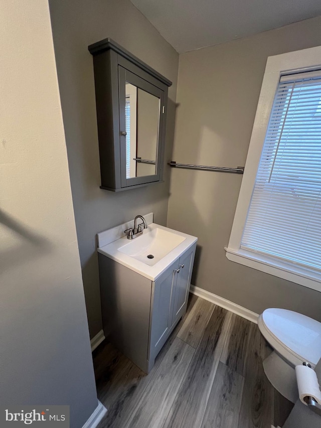 bathroom with toilet, hardwood / wood-style flooring, and vanity