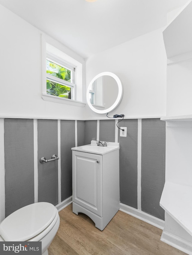 bathroom with wood-type flooring, toilet, and vanity