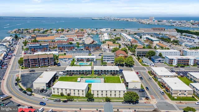 drone / aerial view featuring a water view