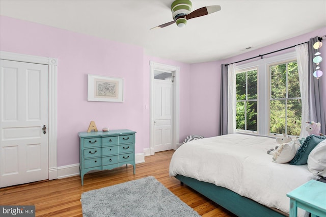 bedroom featuring ceiling fan and light wood-type flooring