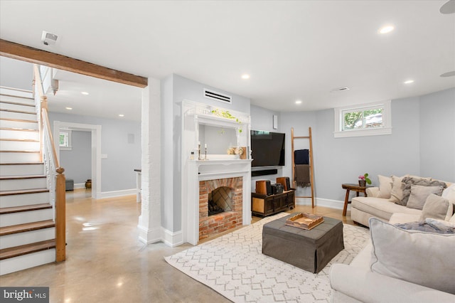 living room with a fireplace