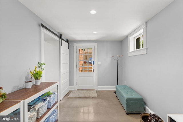 living area featuring a barn door, plenty of natural light, and carpet floors