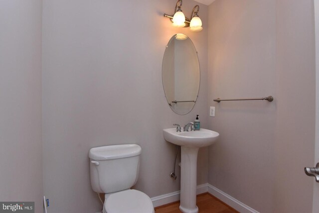 bathroom with wood-type flooring, toilet, and sink